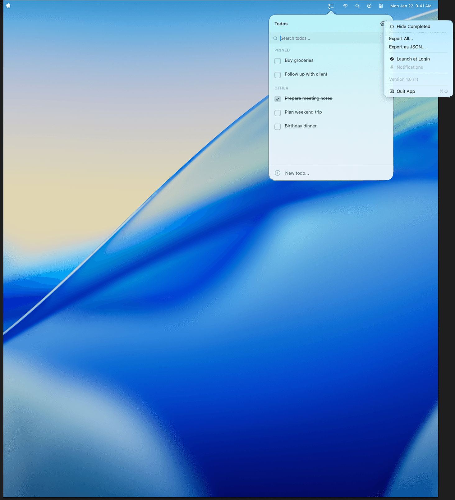 Mini Notes settings and preferences menu